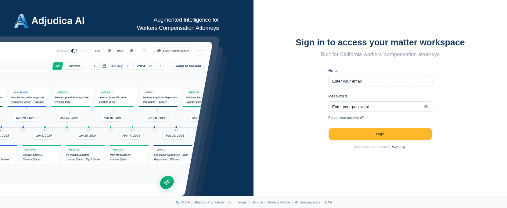 The Adjudica sign-in screen, with a live case timeline preview beside the email and password fields.