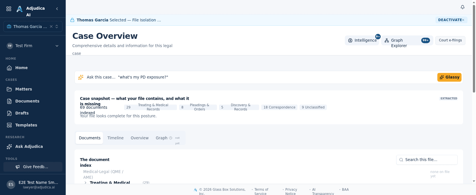 The Case Overview workspace for a single matter, showing the document index and a case snapshot.