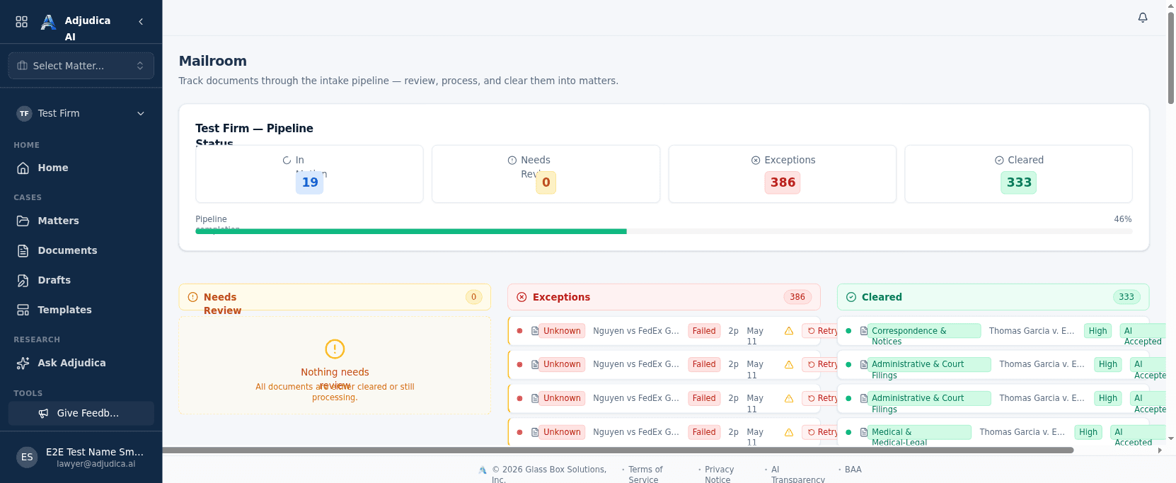 The Mailroom pipeline dashboard with In Motion, Needs Review, Exceptions, and Cleared counts and lanes.