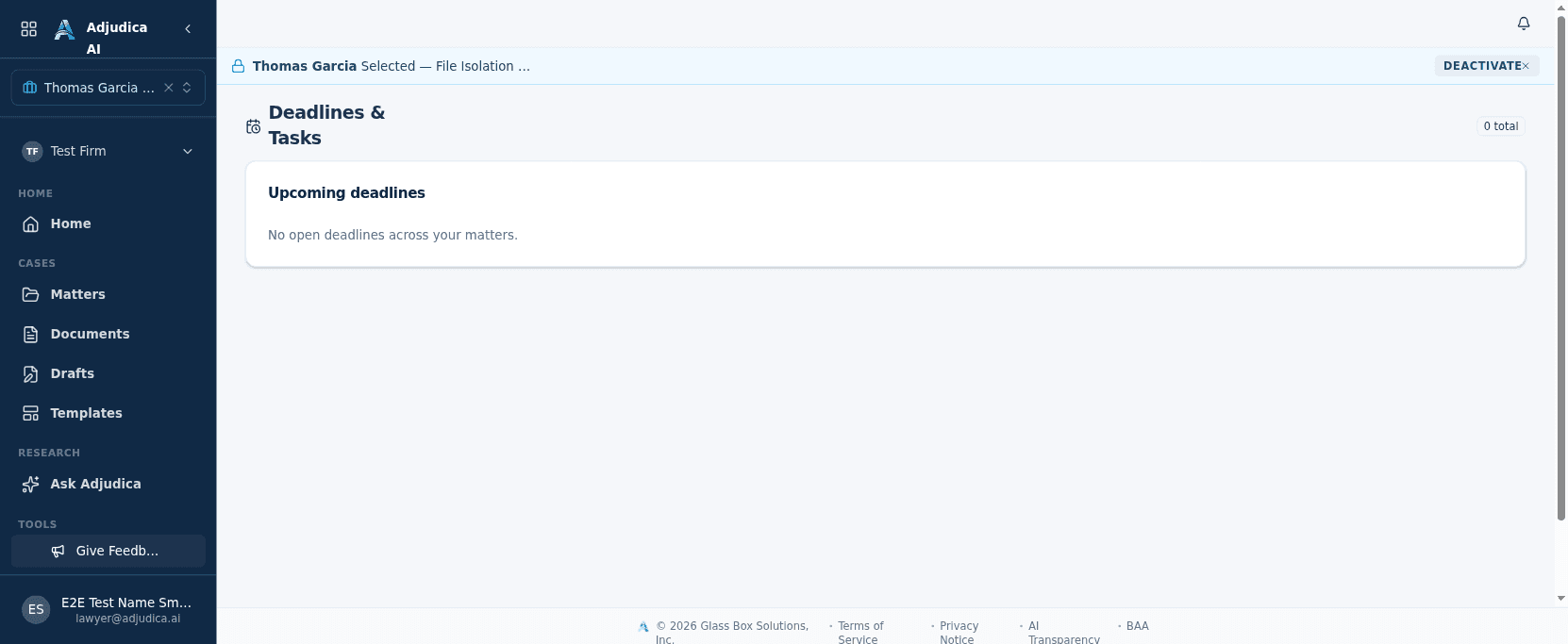 The Deadlines and Tasks worklist view showing upcoming deadlines across matters.