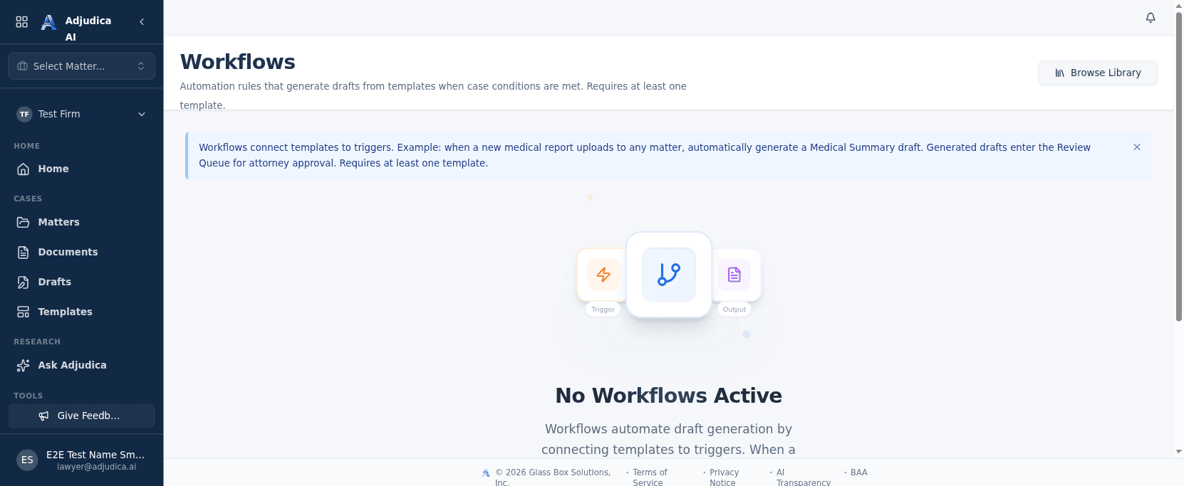The Workflows screen showing the trigger to output flow and an empty workflow state.