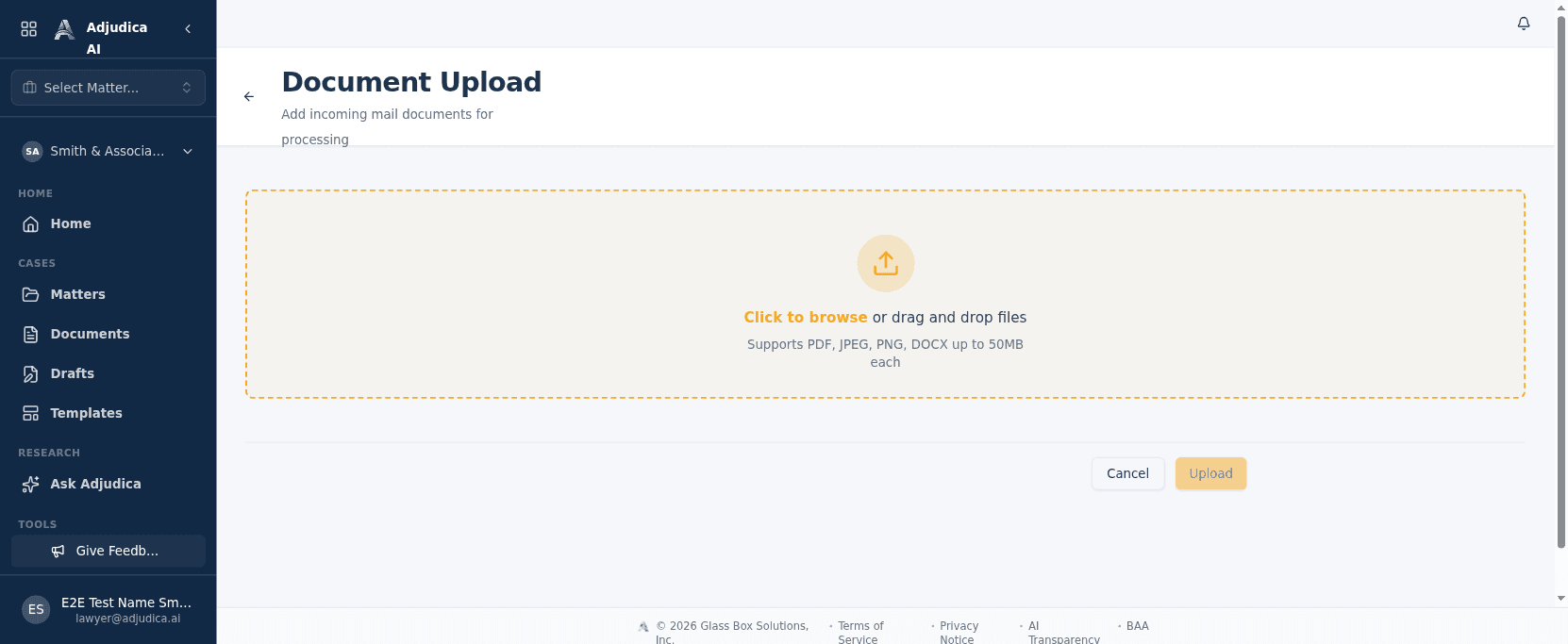 The Document Upload screen with a drag-and-drop area noting supported formats and the size limit.