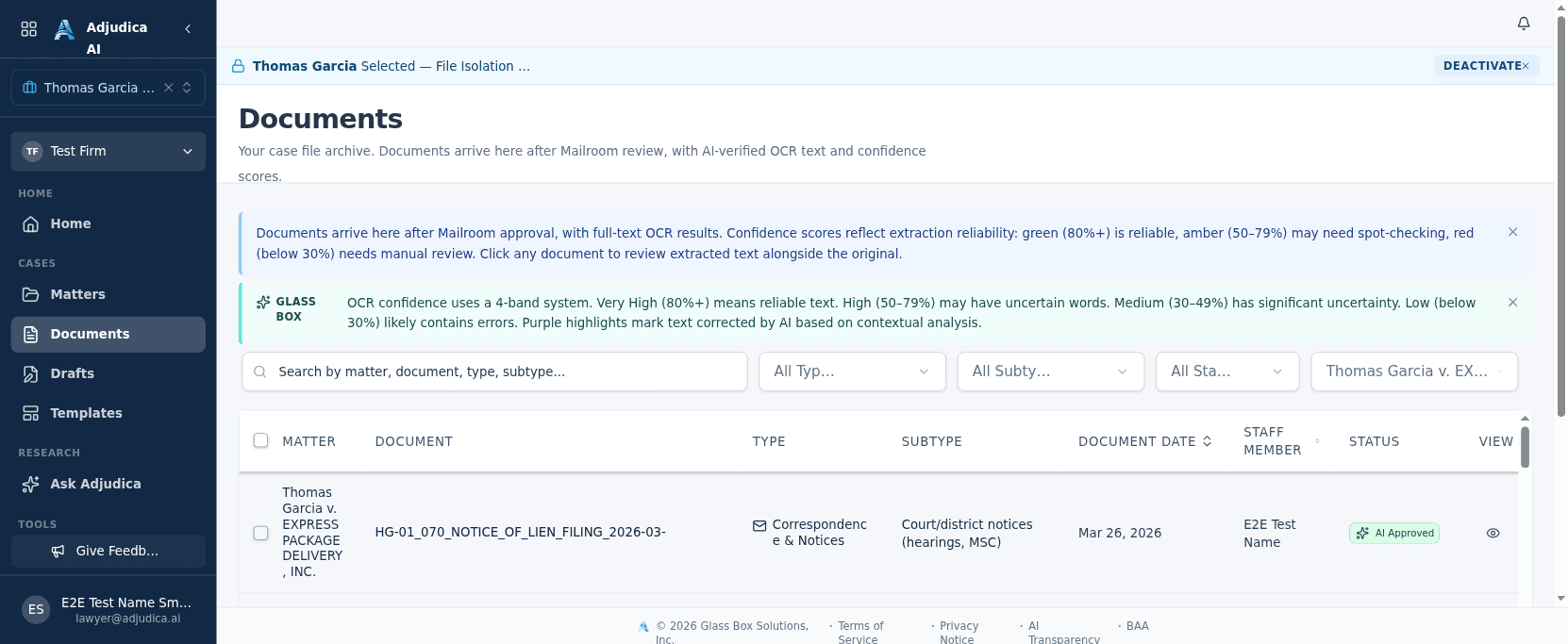 The Documents library listing case files with matter, type, subtype, date, and status columns.