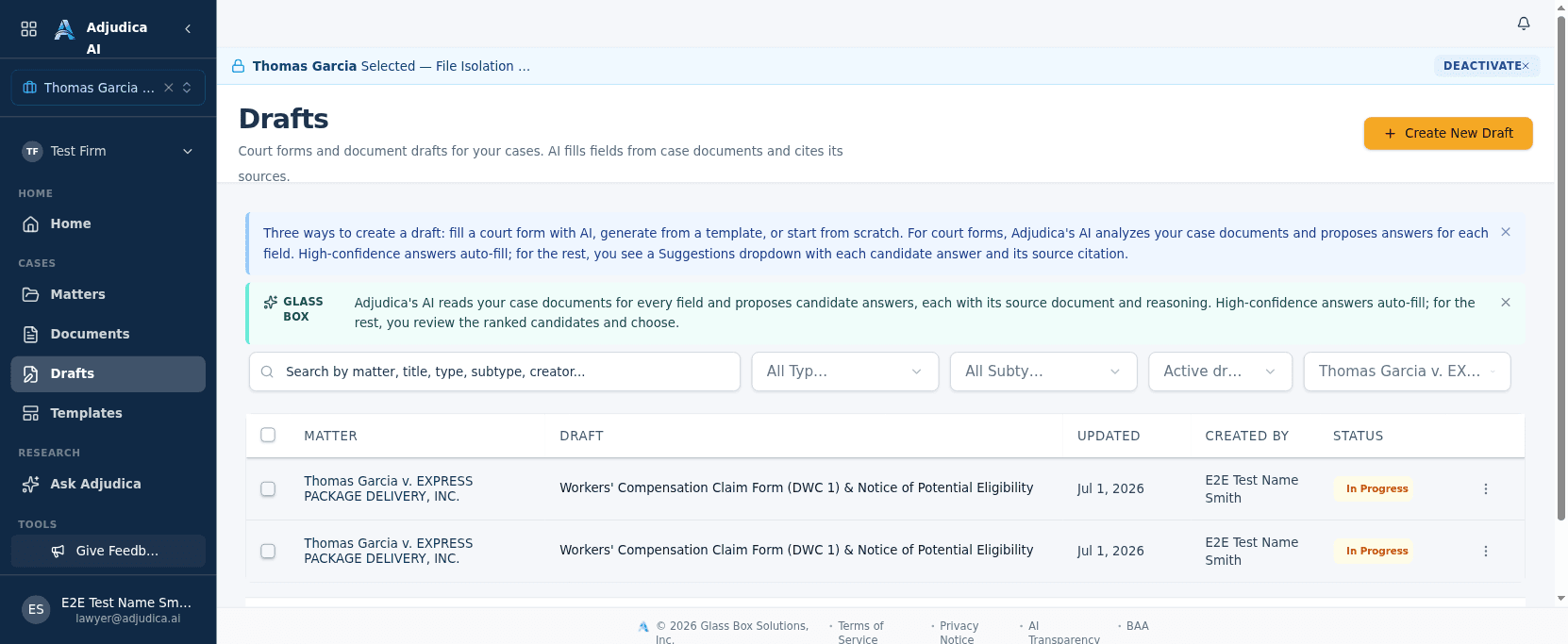 The Drafts library listing draft documents with matter, type, creator, and status columns.