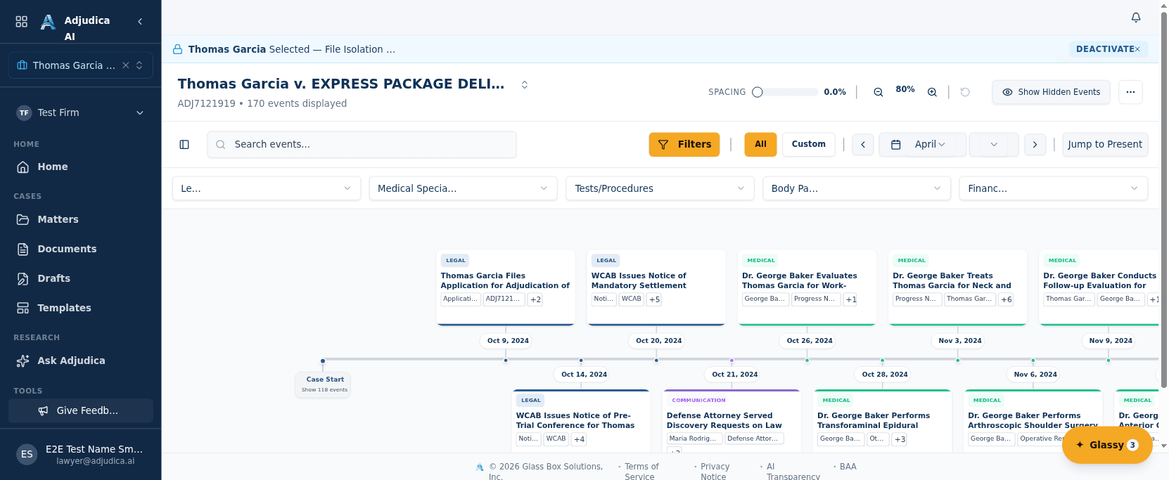 The case timeline showing legal and medical events in chronological order with dates and citations.