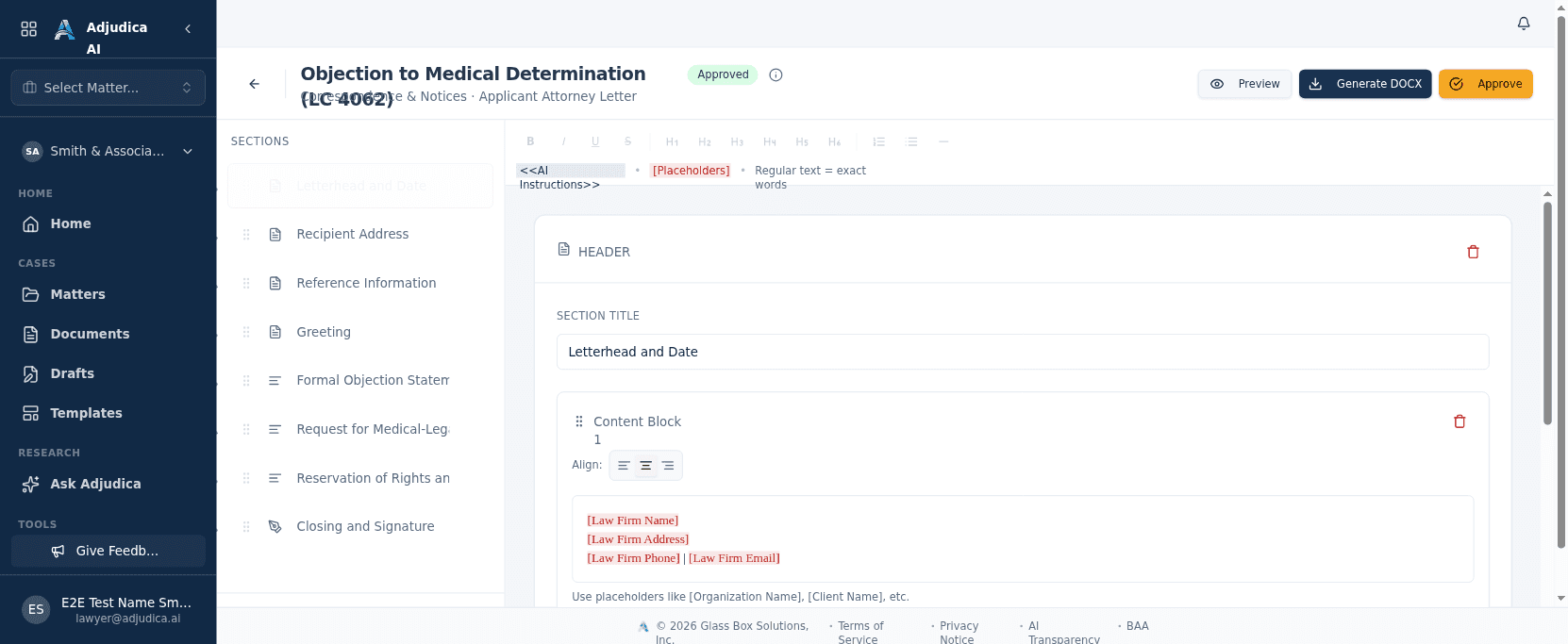 The template builder editing an Objection to Medical Determination letter, with a sections list and placeholder fields.