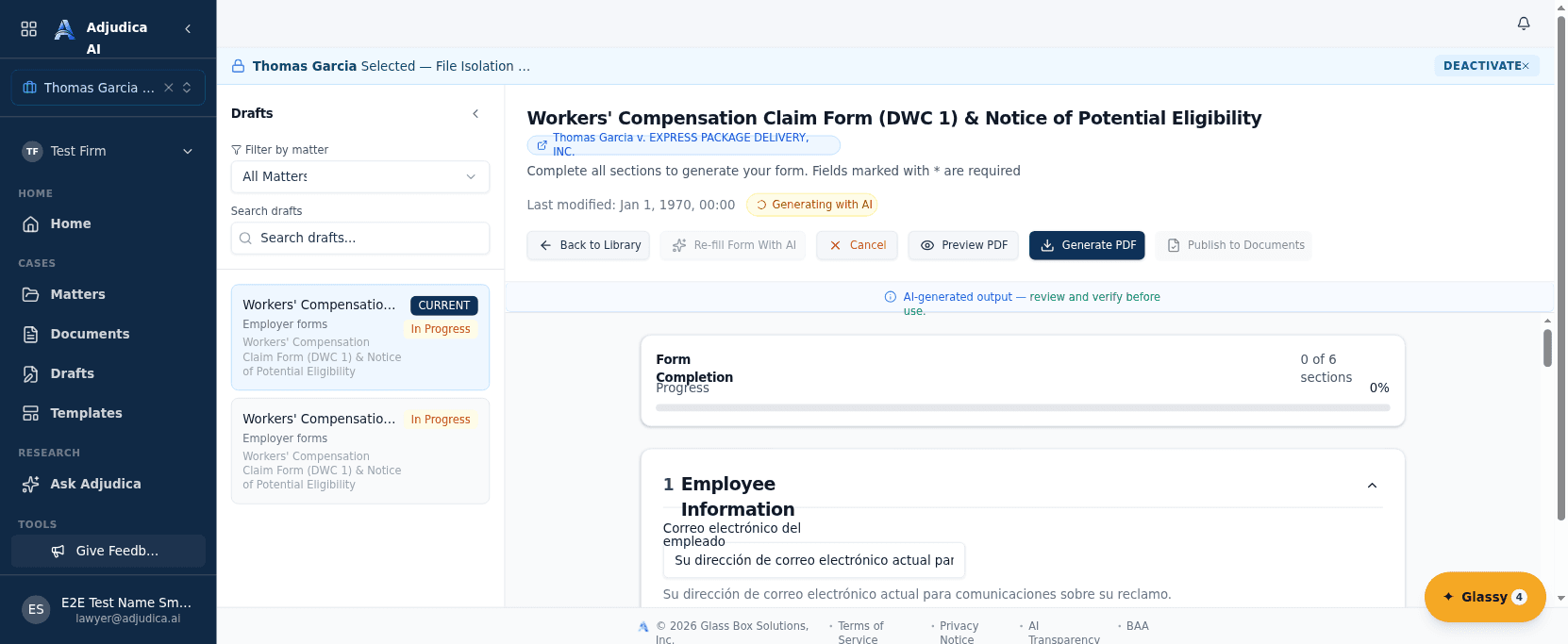 A DWC-1 Workers' Compensation claim form being filled by AI, with a Re-fill Form With AI action and an AI-generated verify-before-use notice.