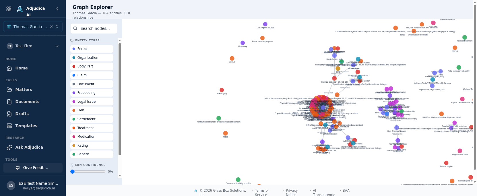 The knowledge graph explorer showing case entities and relationships as an interactive node and edge graph.