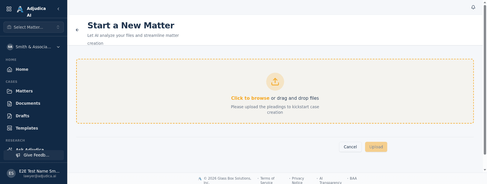 The Start a New Matter screen with a drag-and-drop area for uploading pleadings.