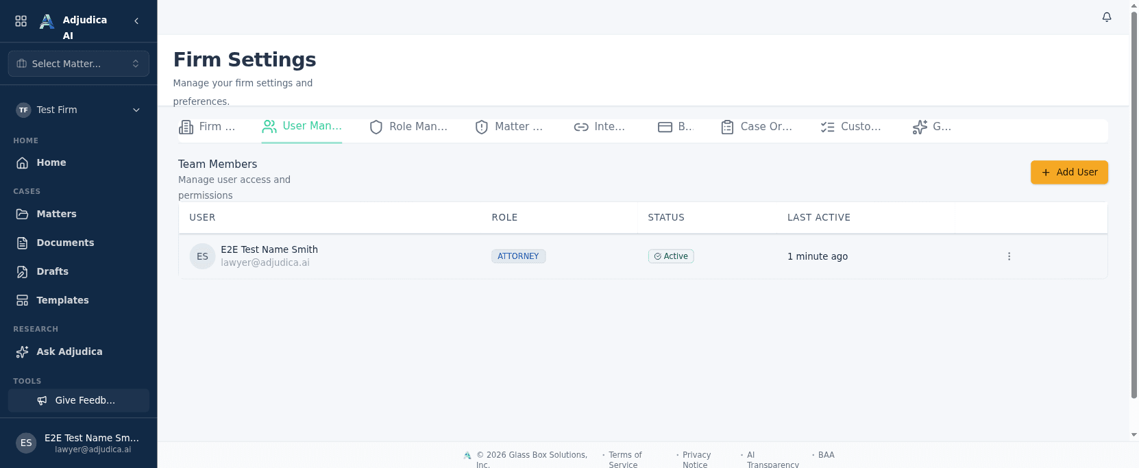 The Firm Settings User Management tab listing team members with role, status, and last active.