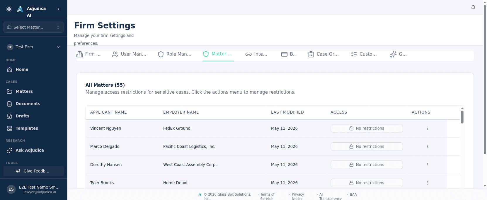 The Firm Settings Matter access-control tab listing matters with per-matter access restrictions.