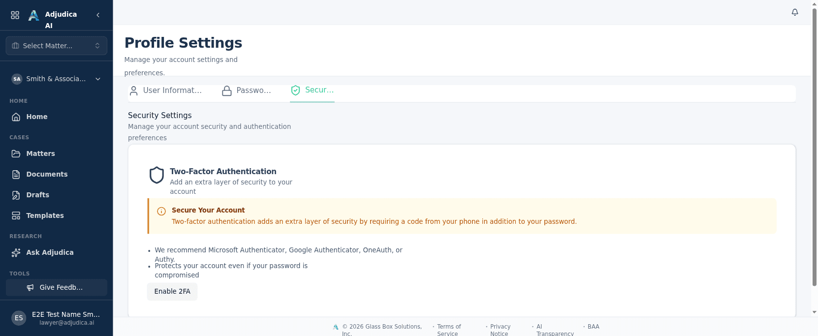 The Profile Settings Security tab showing the Two-Factor Authentication card with an Enable 2FA button.