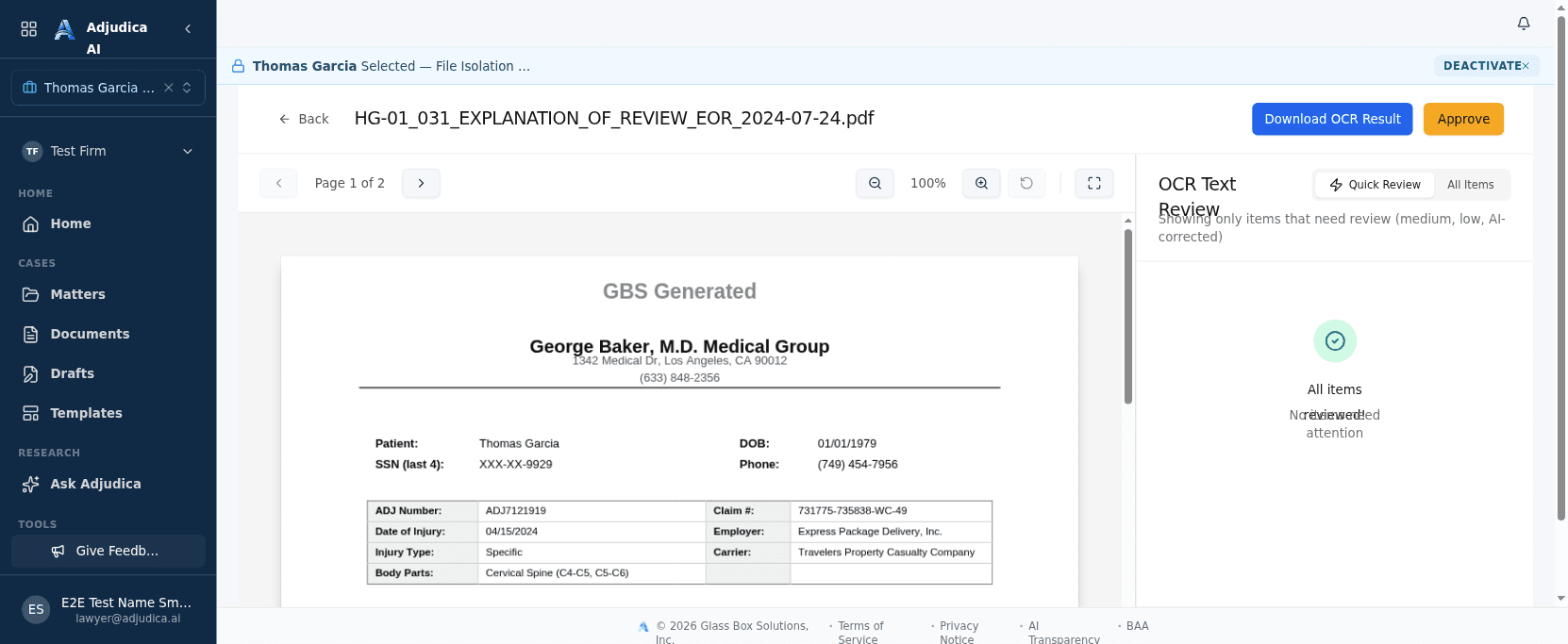 The OCR review screen showing a source document page beside the OCR text review panel.
